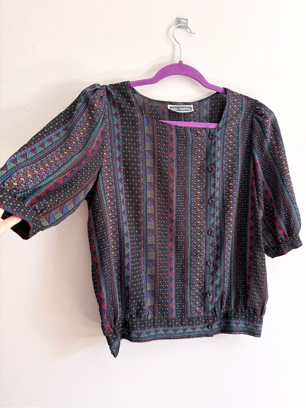 Multicolored Geometric Asymmetrical Button Closure Top Blouse with Half Sleeves